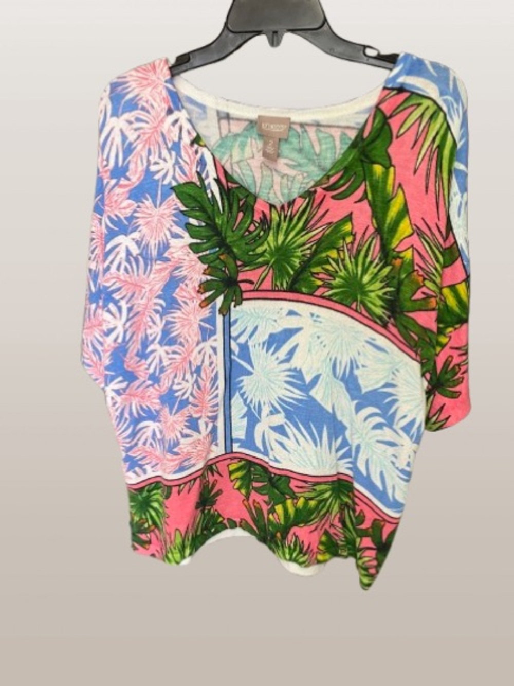 Chico's Pink Blue Tropical Patchwork Tunic Size 2 / Large 12 14